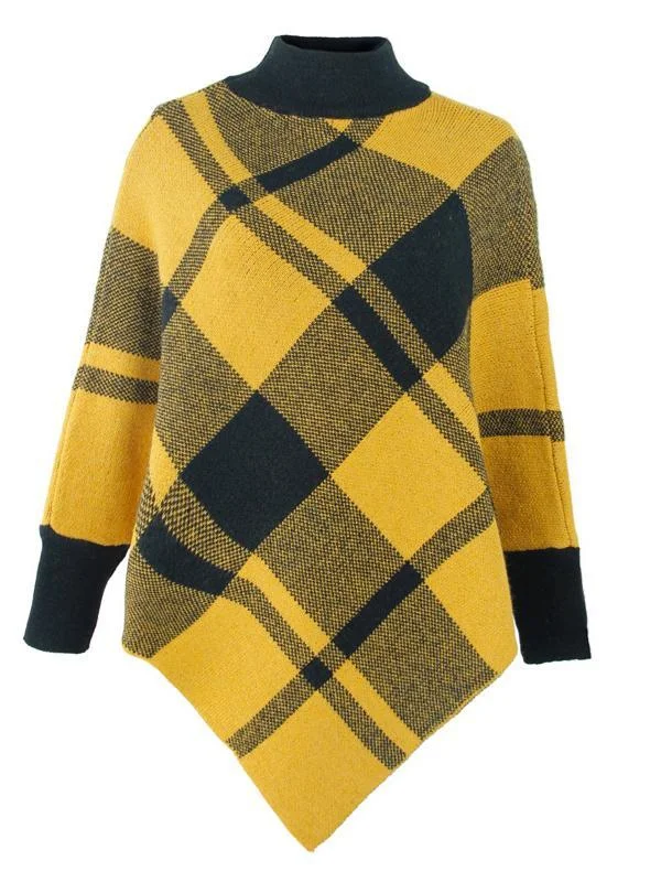 Women's Scoop Neck Long Sleeve Knit Shawl Plaid Colorblock Sweater Top