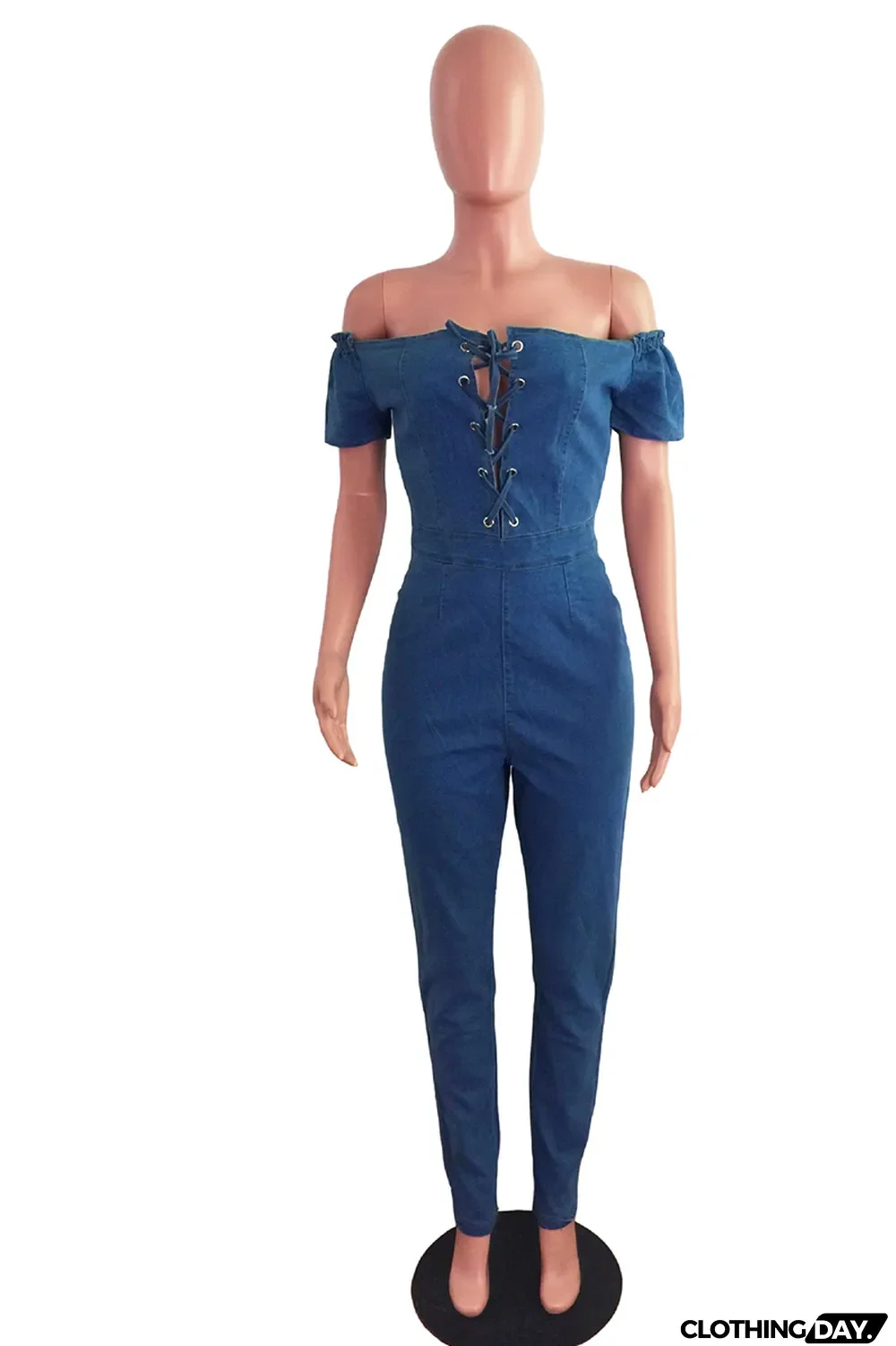 Blue Fashion Casual Solid Backless Off the Shoulder Regular Jumpsuits