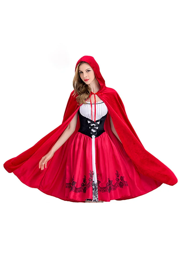 Halloween Costume Little Red Midi Dress With Cloak