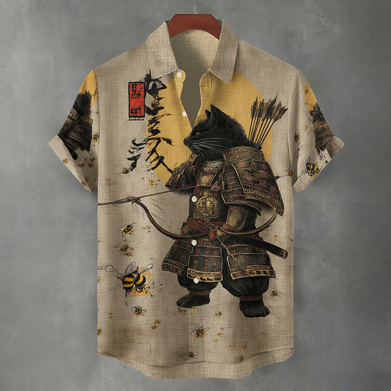 Men's Black Cat Tribal Warrior Japanese Kyudo Print Short Sleeve Shirt  artssus