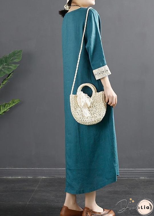 Loose Pockets Spring Tunics Runway Blue Cotton Dresses