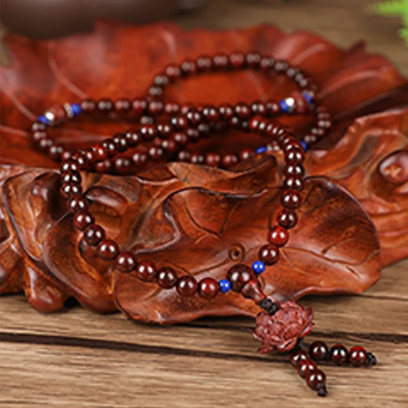 Tibetan Small Leaf Red Sandalwood Mala Lotus Blessing Necklace Bracelet