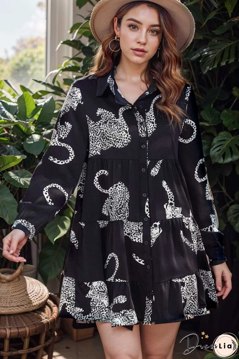 leopard print collared button up shirt dress with ruffled sleeves