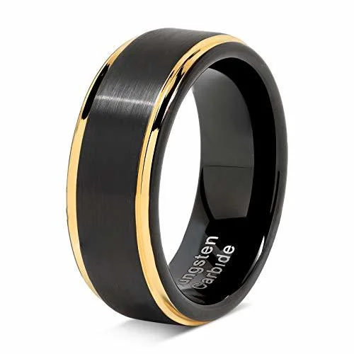 6MM 8MM Women's Or Men's Tungsten Carbide Wedding Rings 14K Yellow Gold and Black Side Stripes High Polish Comfort Fit