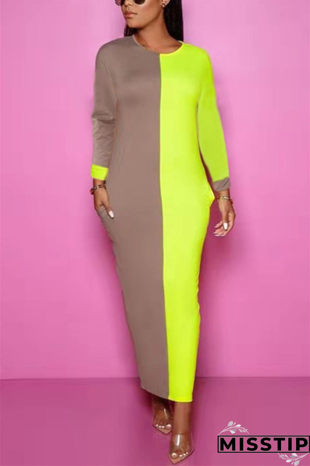 Multicolor Stylish Casual Solid Color Stitching Long Sleeve Dress