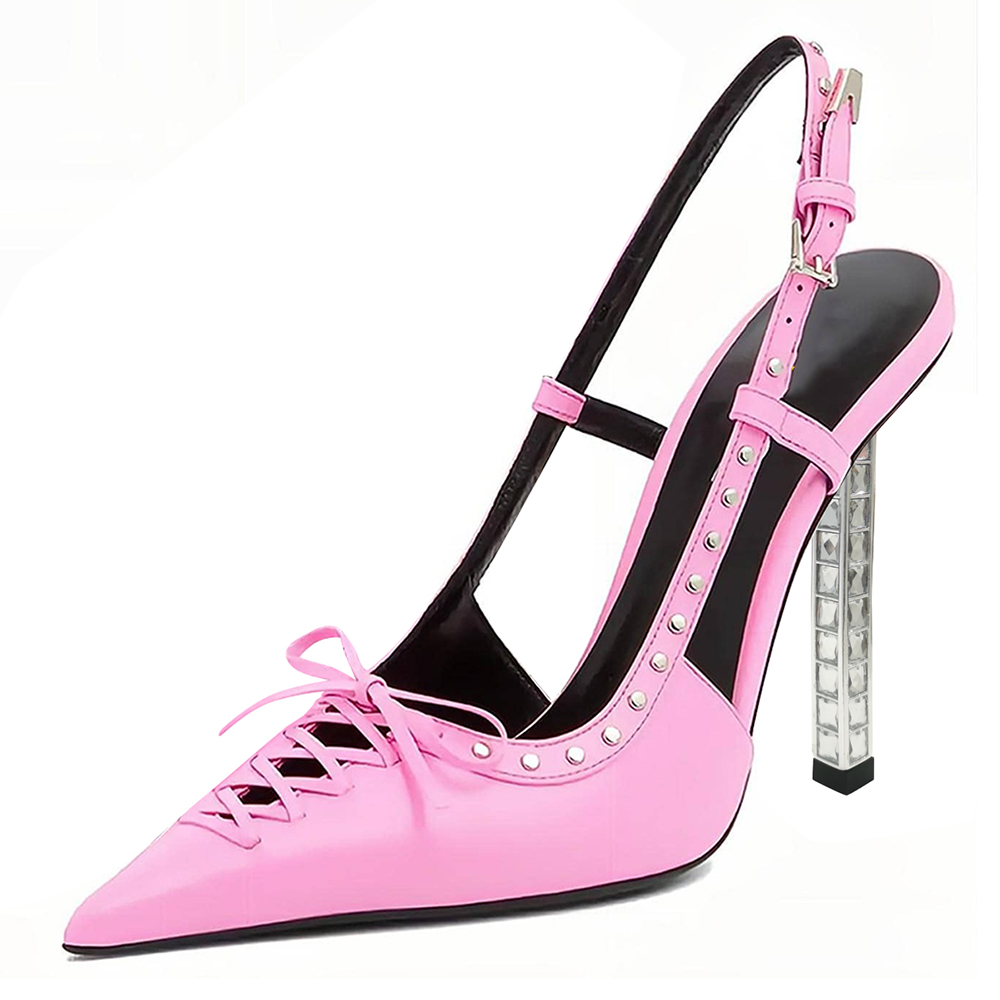 Pink Closed Toe 4'' Decorative Heel Lace Up Slingback Studded Pumps Nicepairs