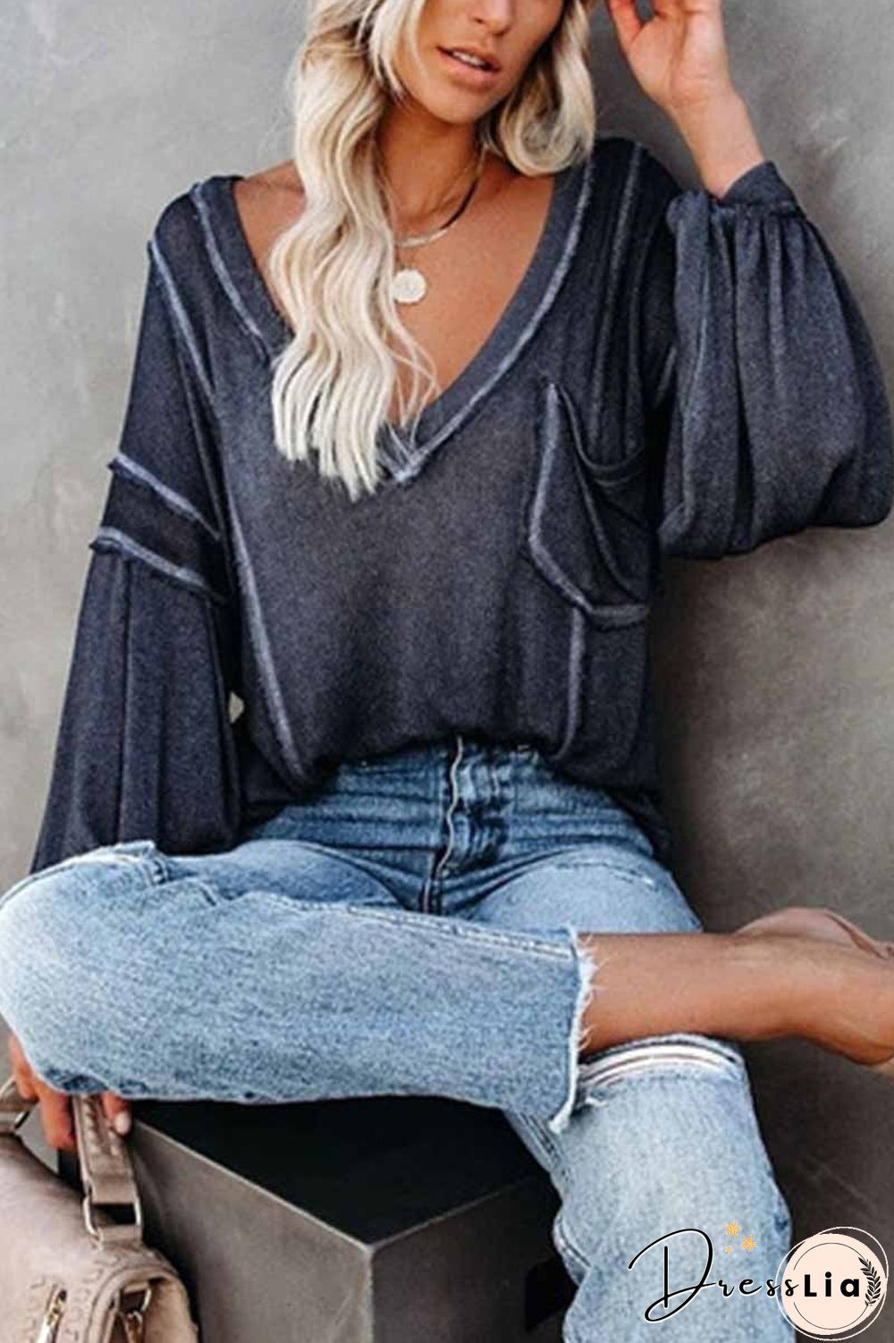 Solid Color Pullover V-Neck Bubble Long Sleeves Tops(4 Colors)