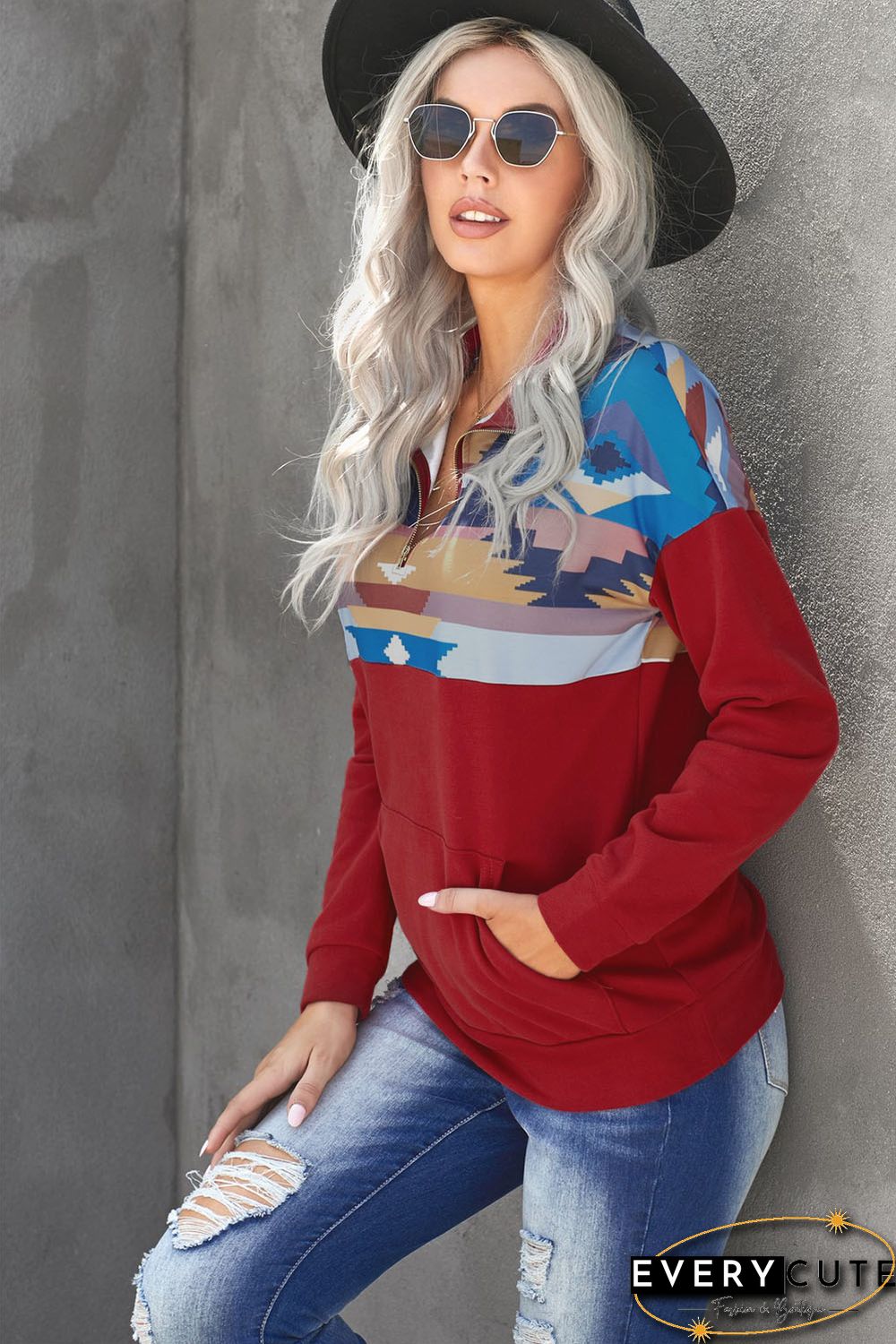 Red Turn Down Collar Zip Tribal Print Sweatshirt