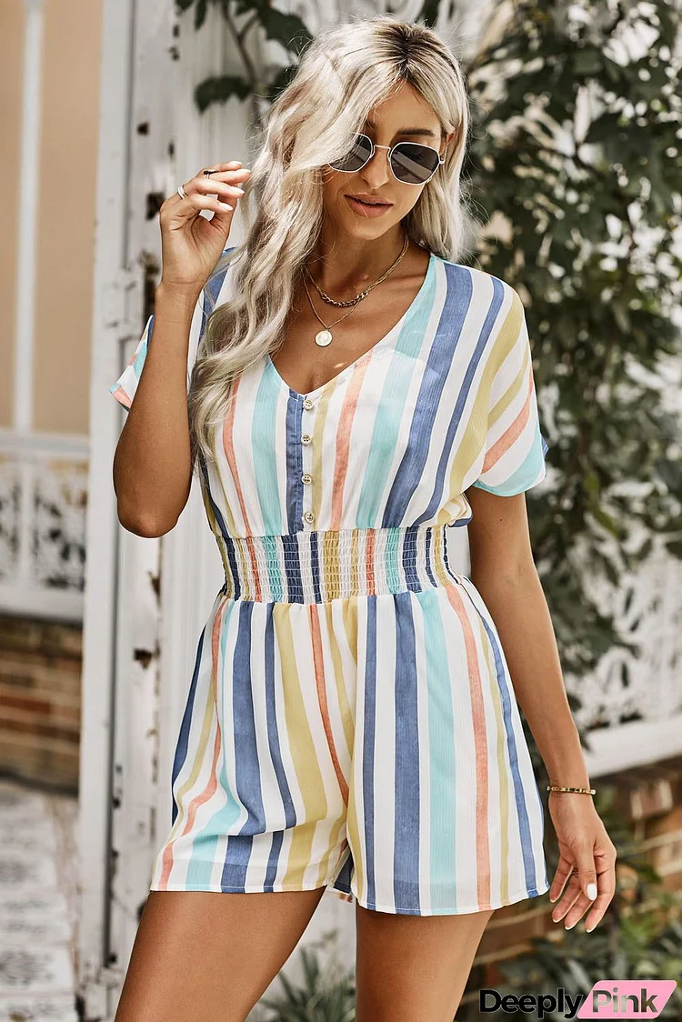 Summer Striped Print V-neck Button Romper