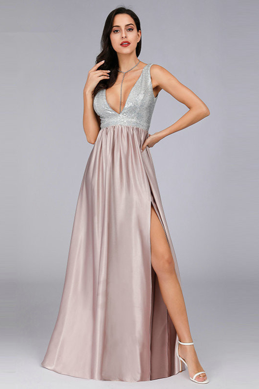 Bellasprom Blushing Pink Sequins Prom Dress Long Slit Evening Gowns V-Neck Bellasprom
