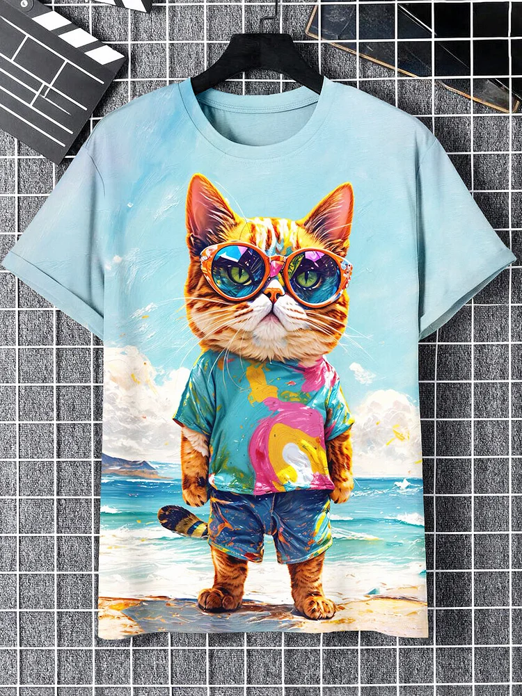 Men's Seaside Cat Funny Print Casual T-Shirt