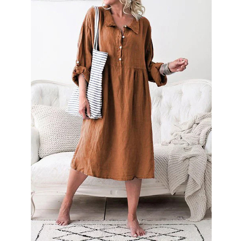 Older Women Cotton And Linen Loose Button Midi Dress