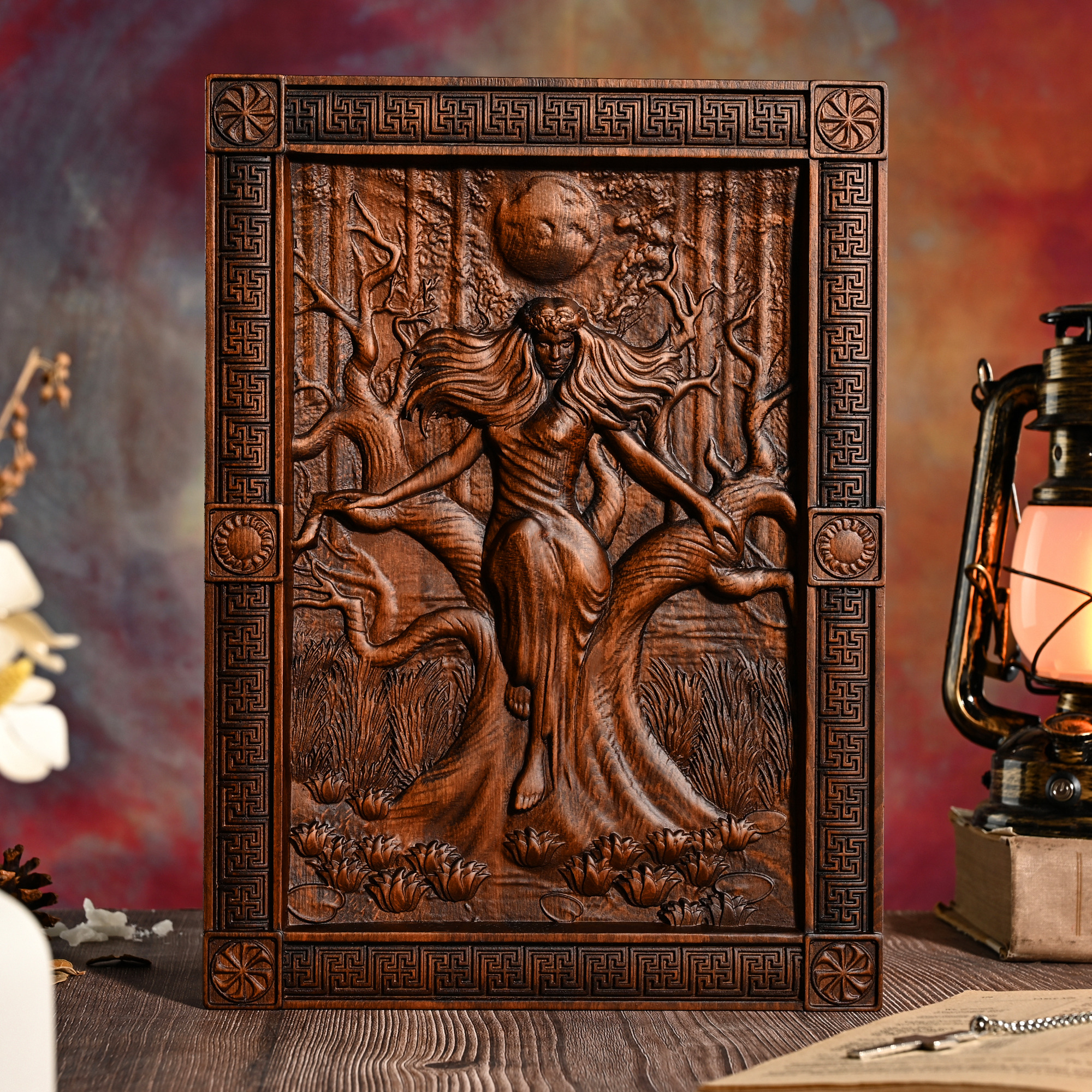 Mara Goddess Wooden Wall Art Retro Finish  Nature and Mythology 