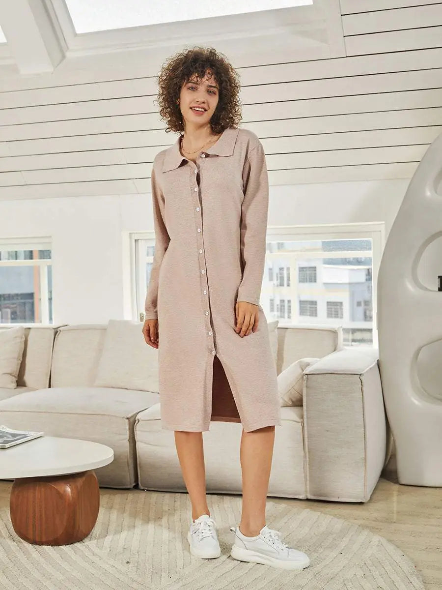 Turndown Collar Long Sleeve Single-Breasted Midi Dress