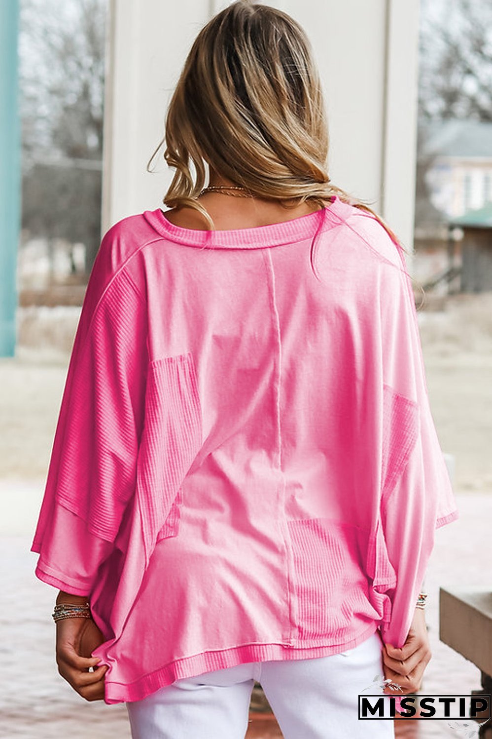 Bonbon Oversized Patched High Low Bracelet Sleeve Plus Size T Shirt