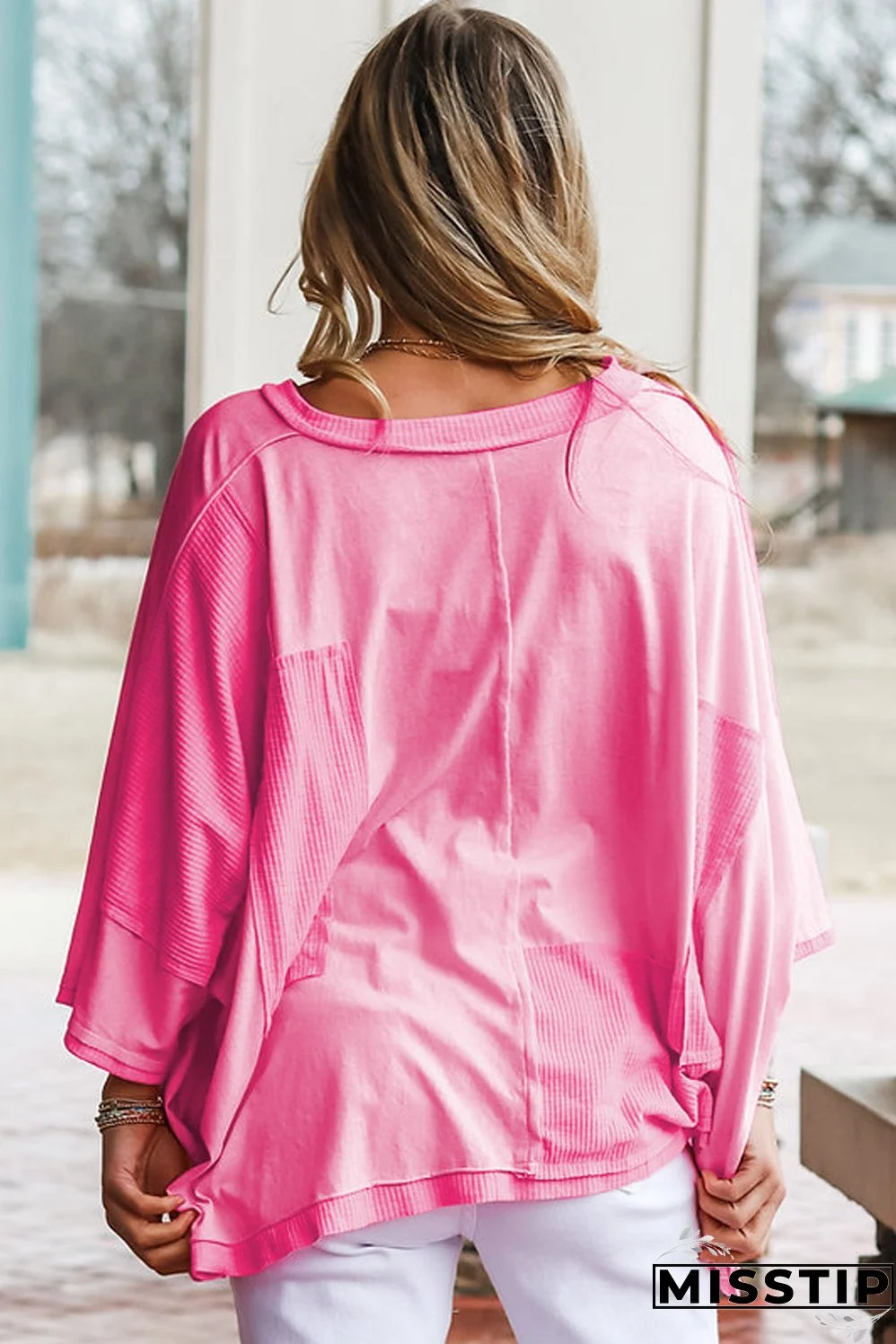 Bonbon Oversized Patched High Low Bracelet Sleeve Plus Size T Shirt