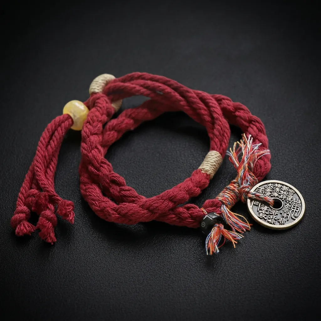 JiStones Heritage Guardian: Hand-Woven Double-Layered Coin Bracelet Heritage Crimson - Antique Bronze Coin