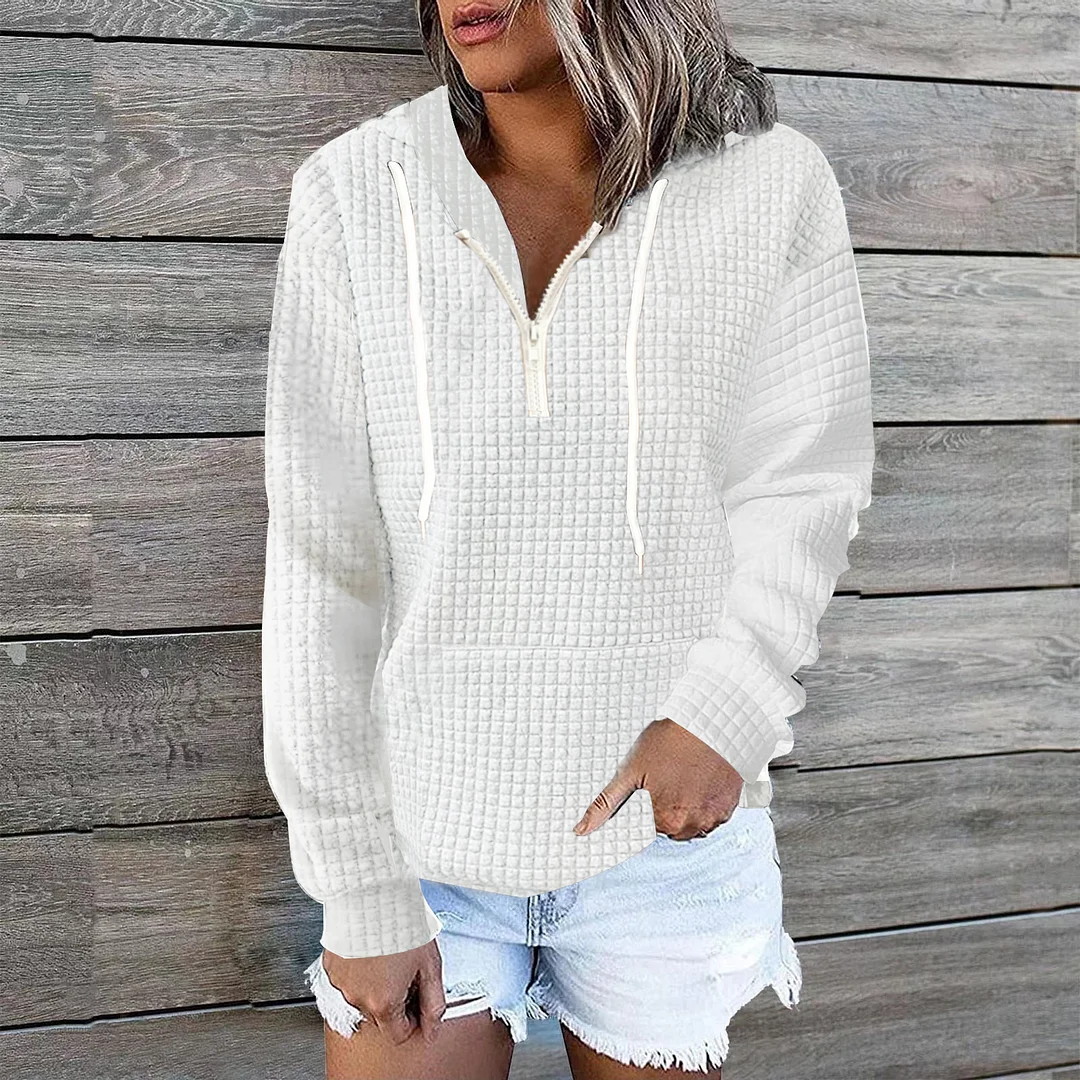 Ueong Ueong New Casual Home Wear Women's Zipper Hooded Bag Solid Color Waffg Long Sleeve Hoodie