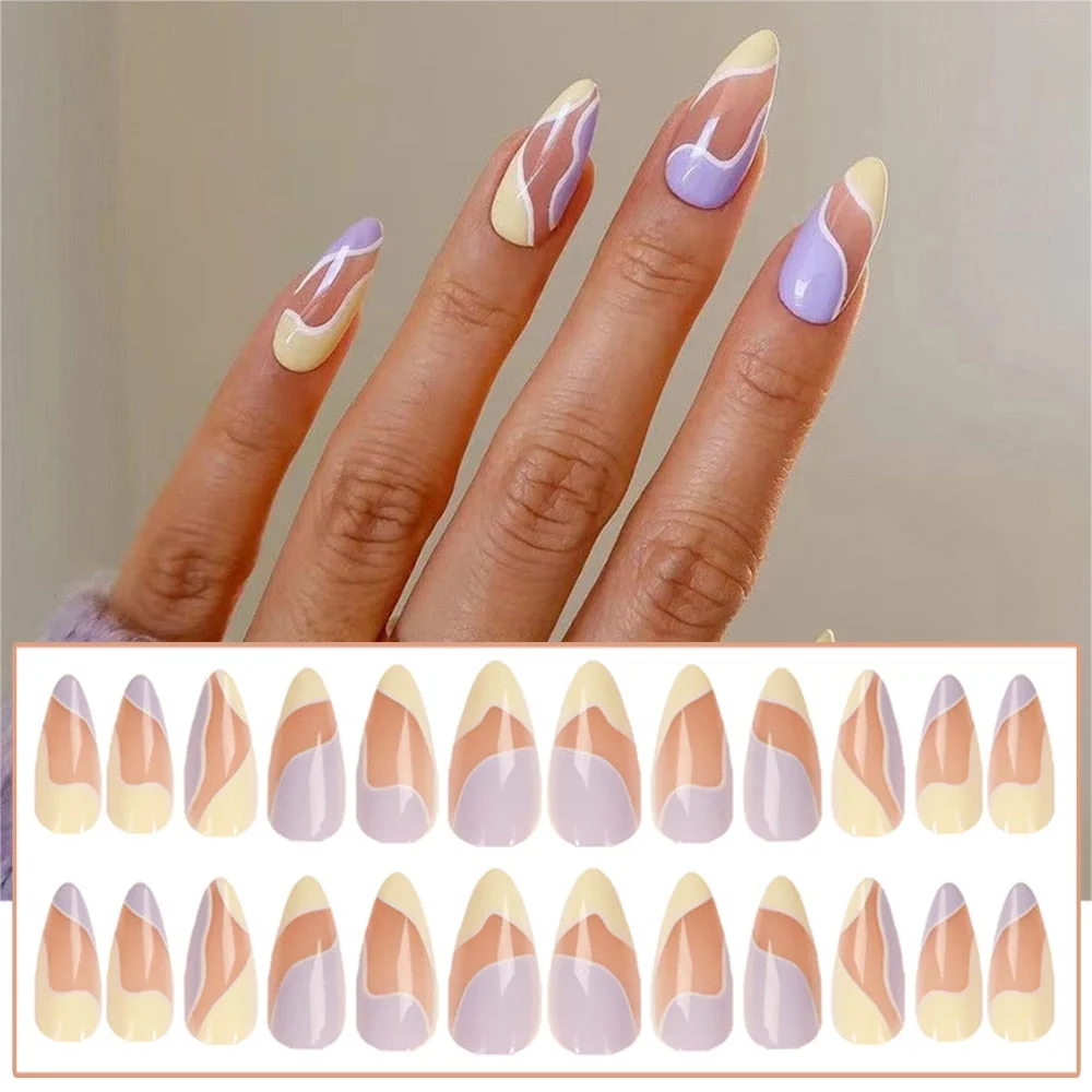 24pcs Point Head False Nails Tips Press On Nail with Heart Print Design Girl DIY Nail Patch Removable French Style Fake Nails-Nail Inspo