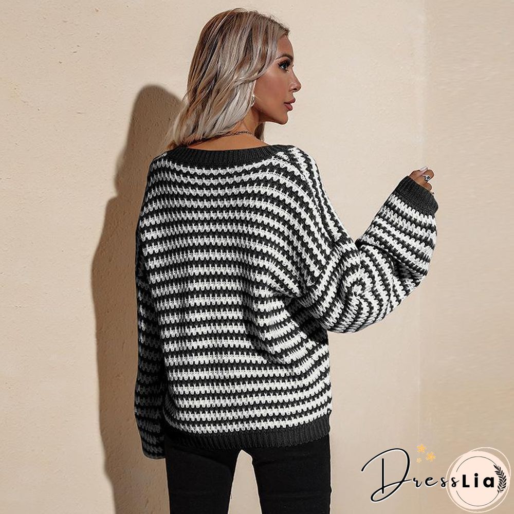 V Neck Loose Striped Sweater