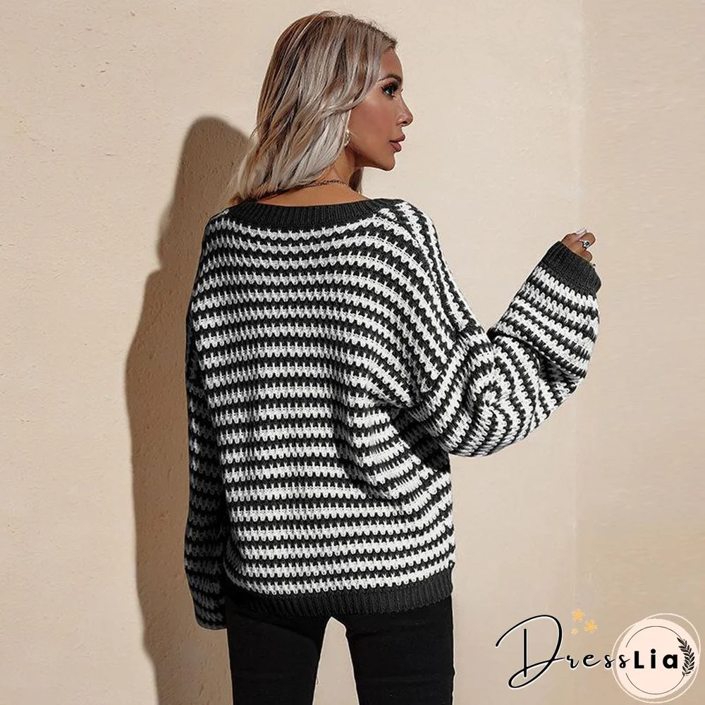 V Neck Loose Striped Sweater
