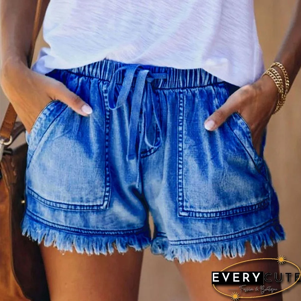 Ladies Elastic Waist Casual High Waist Slim Thin Denim Shorts Hot Pants
