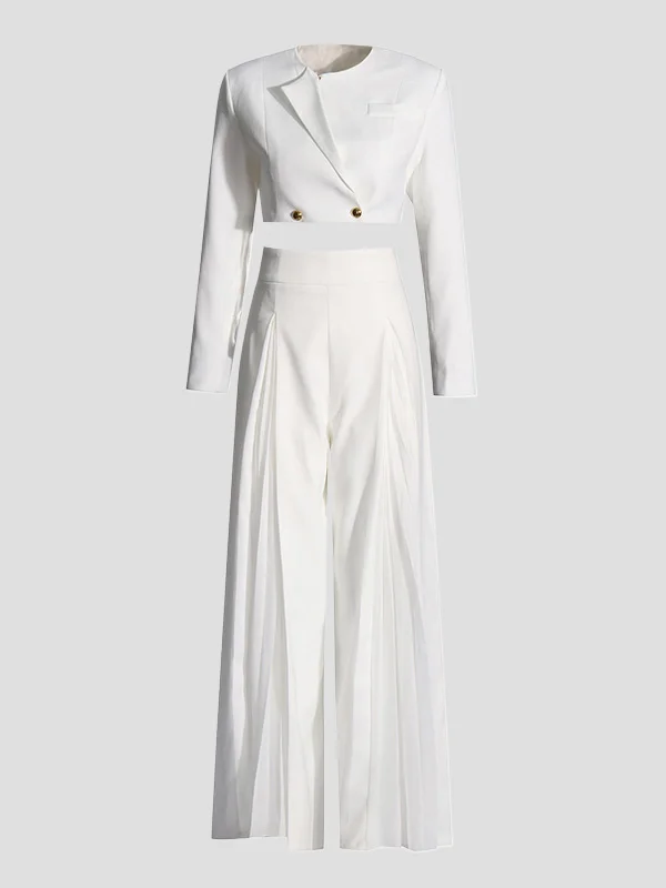 Round-Neck Long Sleeves Buttoned Solid Color Split-Joint Blazers Top +Zipper  Wide Leg Mesh Pleated Pants bottom Two Pieces Set