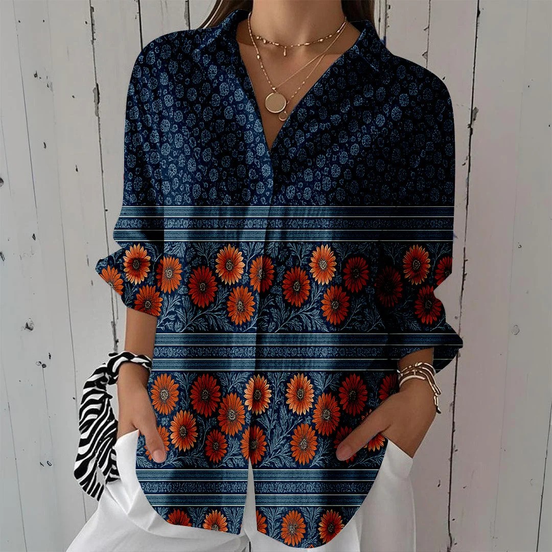 Style & Comfort for Mature Women Women Floral,Blue,Red DZCL0287 3/4 Sleeve Shirt Collar Printed Button Tops