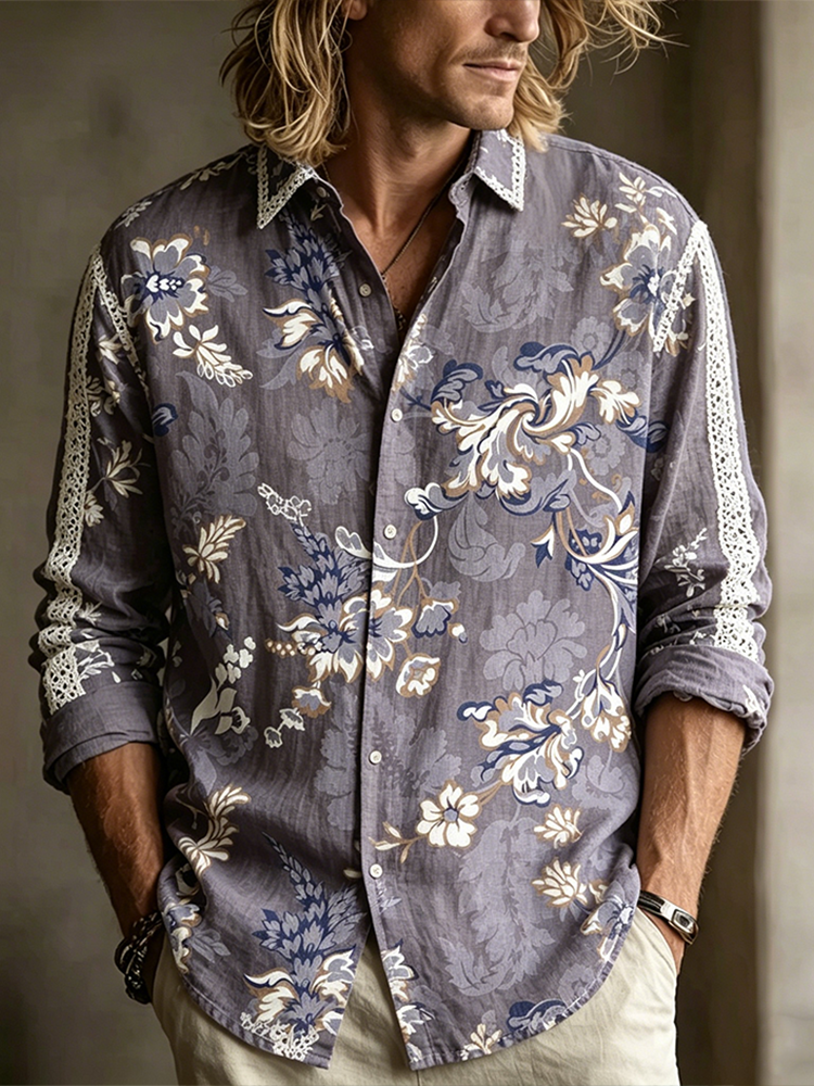 Comstylish Men's Retro Plant Flower Embroidery Pattern Design Casual Linen Shirt