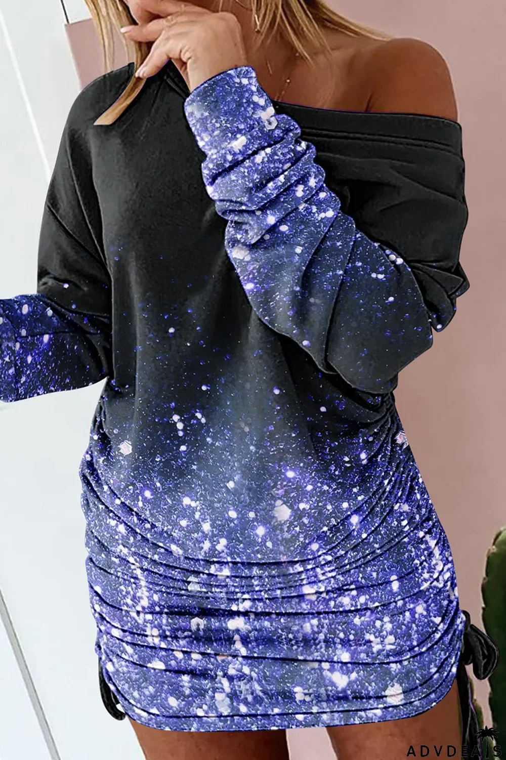 Purple Sexy Print Patchwork Draw String Fold O Neck One Step Skirt Dresses