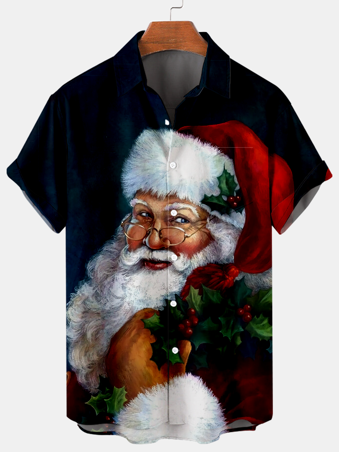 Men Santa Claus Print Pocket Front Short Sleeves Shirt PLUSCLOTHESMAN