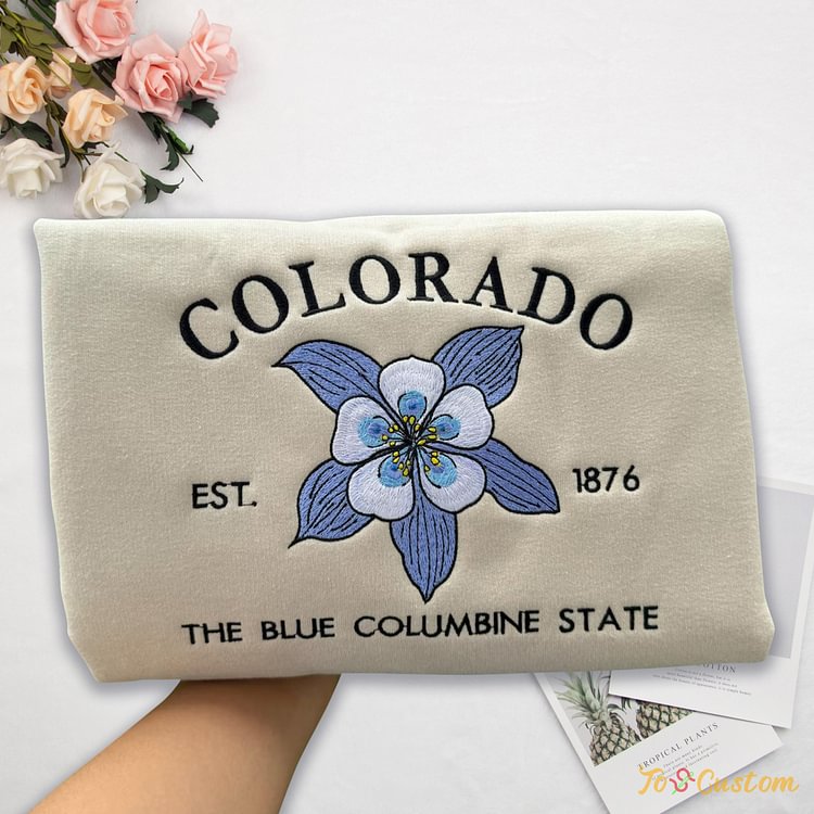 TOSCUSTOM™ Embroidered Sweater Colorado State 1876 Blue Columbine Flower