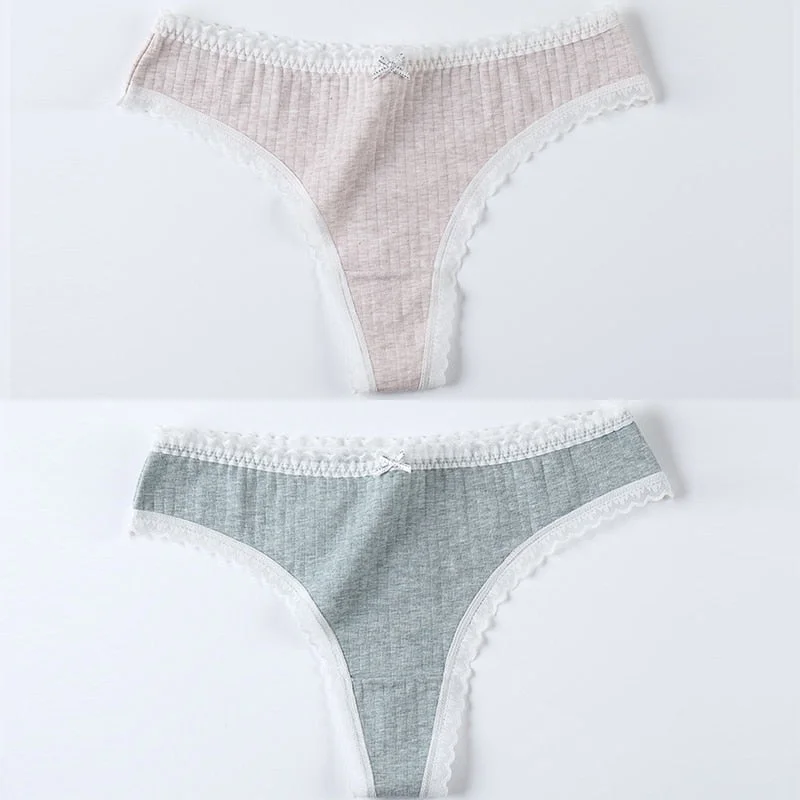2 Pieces Women Panties Thongs Cotton Striped Underwear Comfortable Cute Low-Rise Ladies G-String Briefs Sexy Kawaii Lingerie
