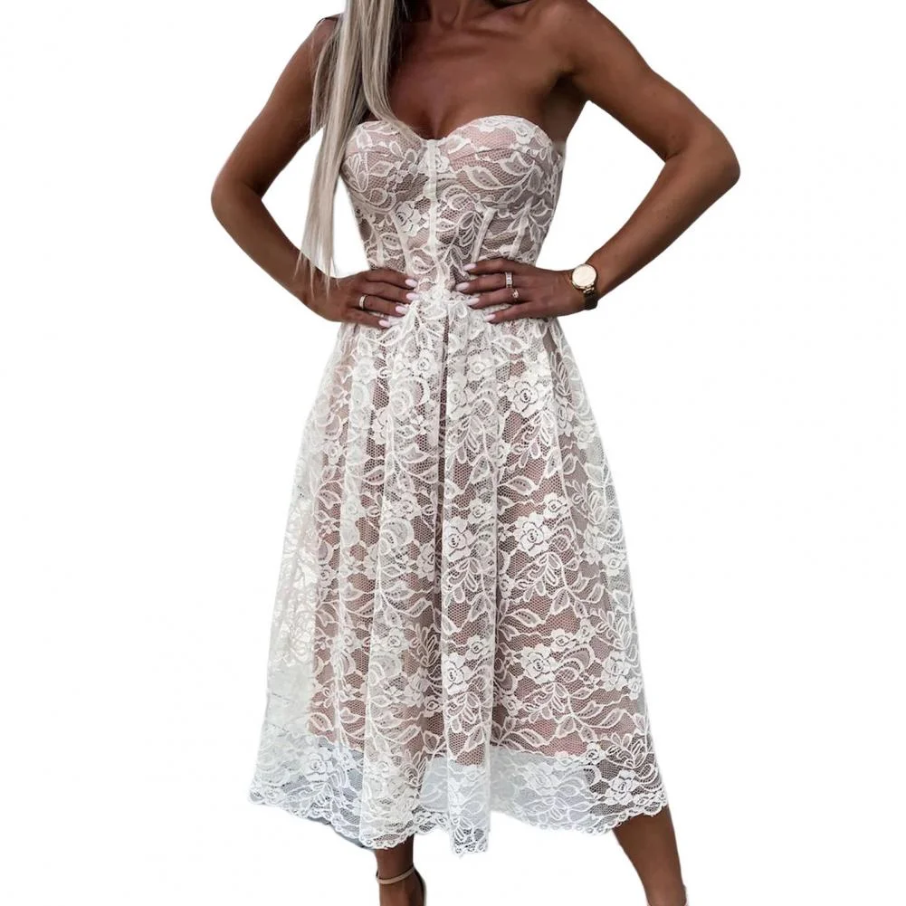 Women Wedding Dress Strapless Off Shoulder Attractive Dress Party  Tube Top See-Through Lace Mesh Long Dress Birthday Gift