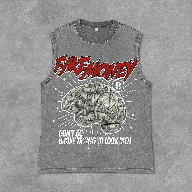 Don't Go Broke Trying To Look Rich Graphic Print Acid Washed Sleeveless Tank Top SOPULA