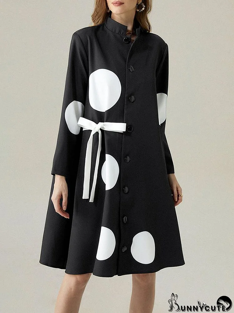 Long Sleeves Loose Asymmetric Buttoned Polka-Dot Tied Mock Neck Jackets&Coats Midi Dresses Outerwear