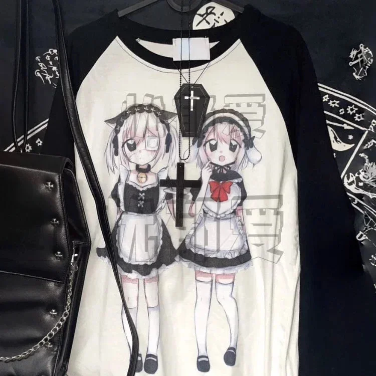 Tlbang Tee Shirts Y2k Aesthetic Long Sleeve T-shirt Women Gothic Letter Cartoon Print Loose Graphic T Shirt Harajuku Fairy Tops