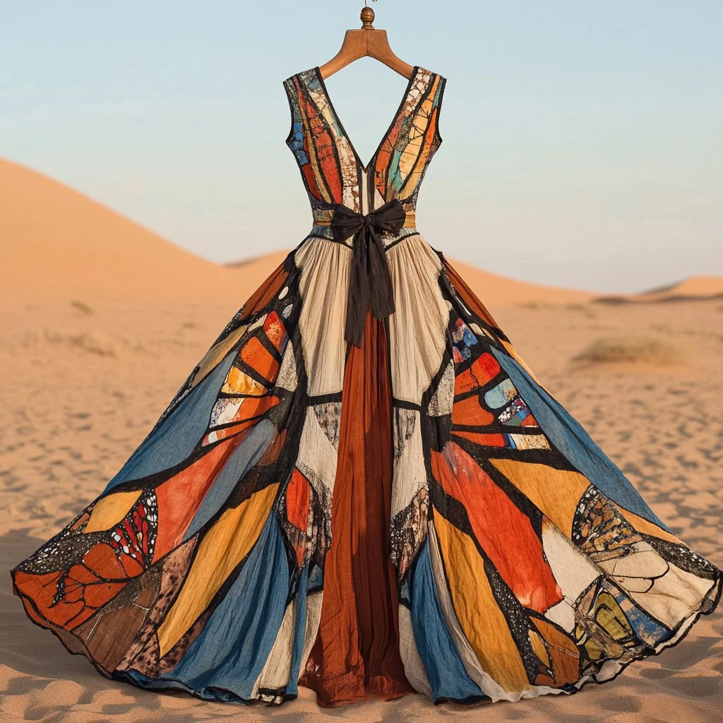 Women's Fashion African Butterfly Wing Painting Art Pattern Cotton And Linen  Maxi Dress