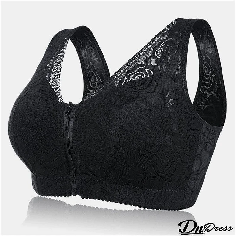 Wireless Rose Lace Front Zip Soft Cotton Lining Sleep Bras - Black