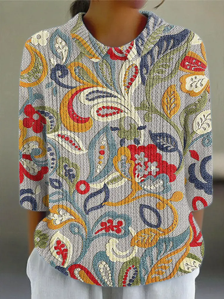 Women's Vintage Flower Art Print Casual Peter Pan Collar 3/4 Sleeve Sweater