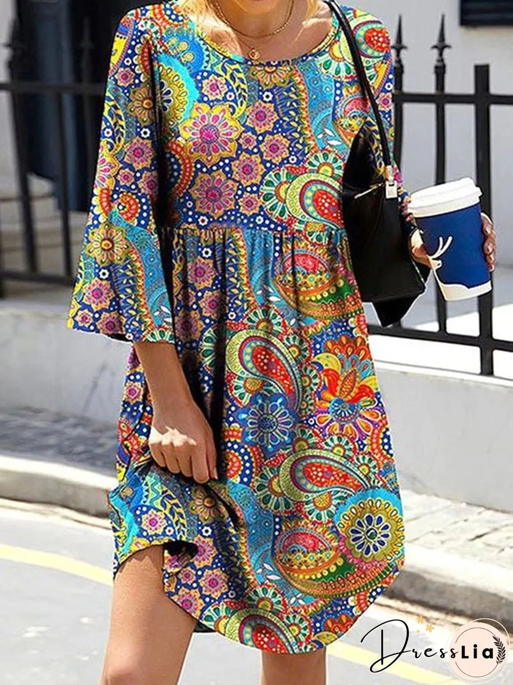 Women'S Dresses Vintage Print Crew Neck Long Sleeve Dress