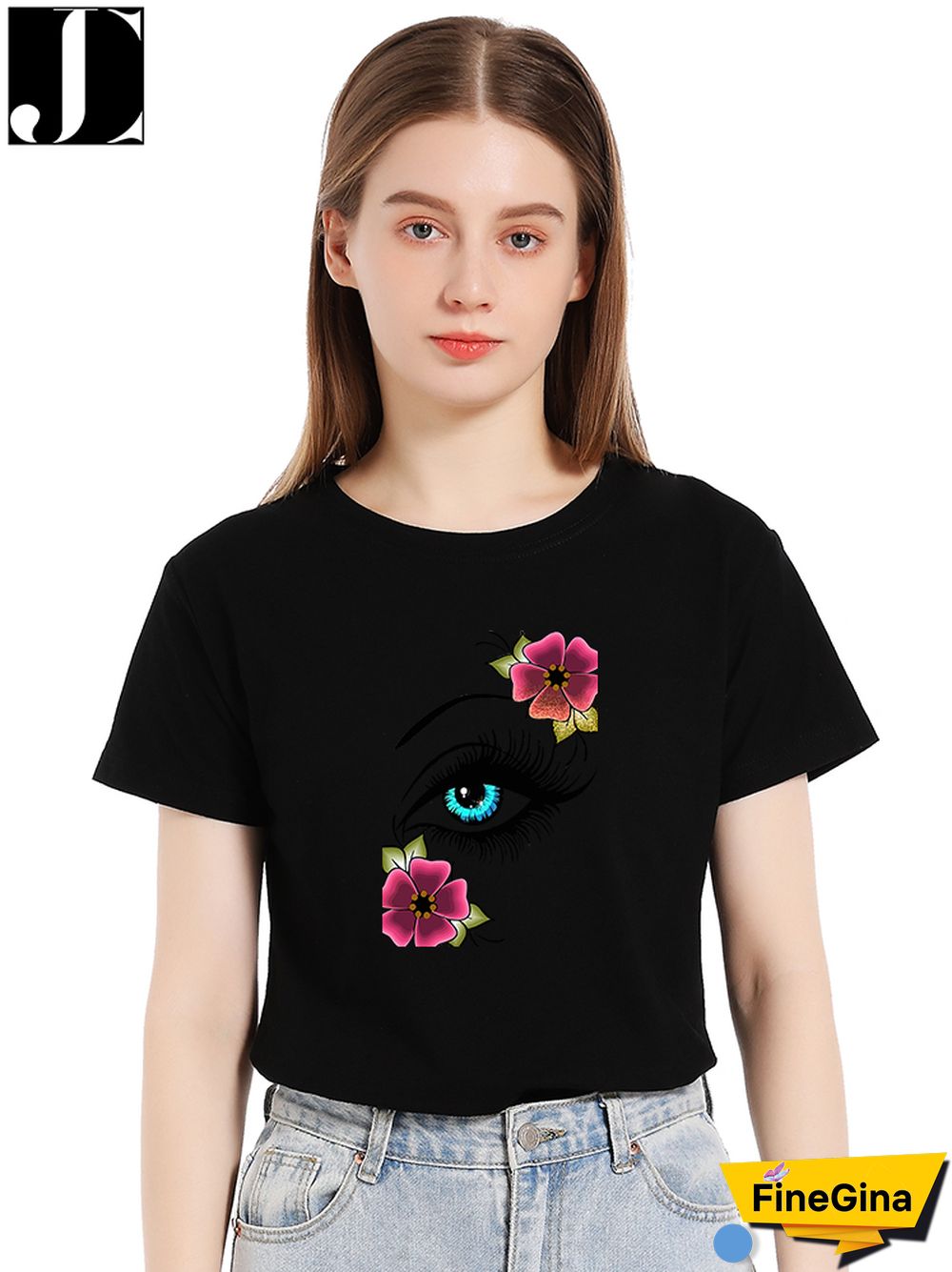 Casual Summer Daily T-shirt Women 100% Cotton Short Sleeve Rose Eye Print Female Graphic Fashion T Shirt Ladies O-Neck Tees Tops