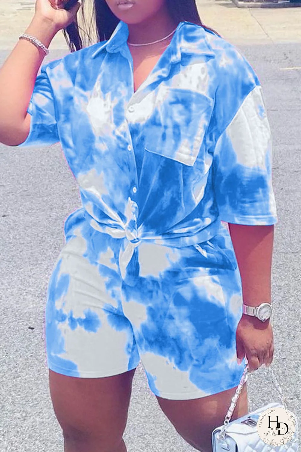 Blue Fashion Casual Print Basic Turndown Collar Short Sleeve Two Pieces