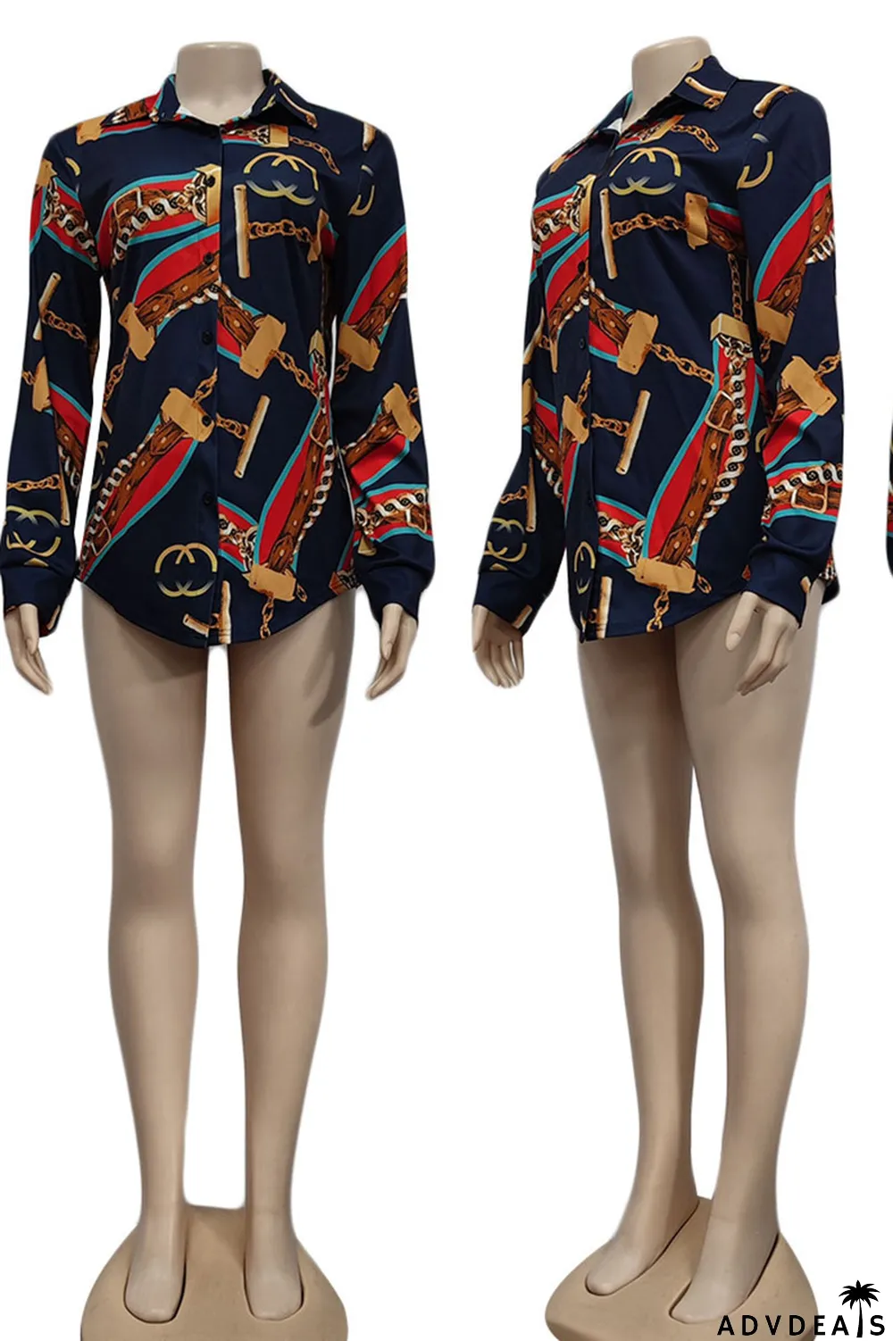 Black Casual Print Patchwork Buckle Turndown Collar Tops