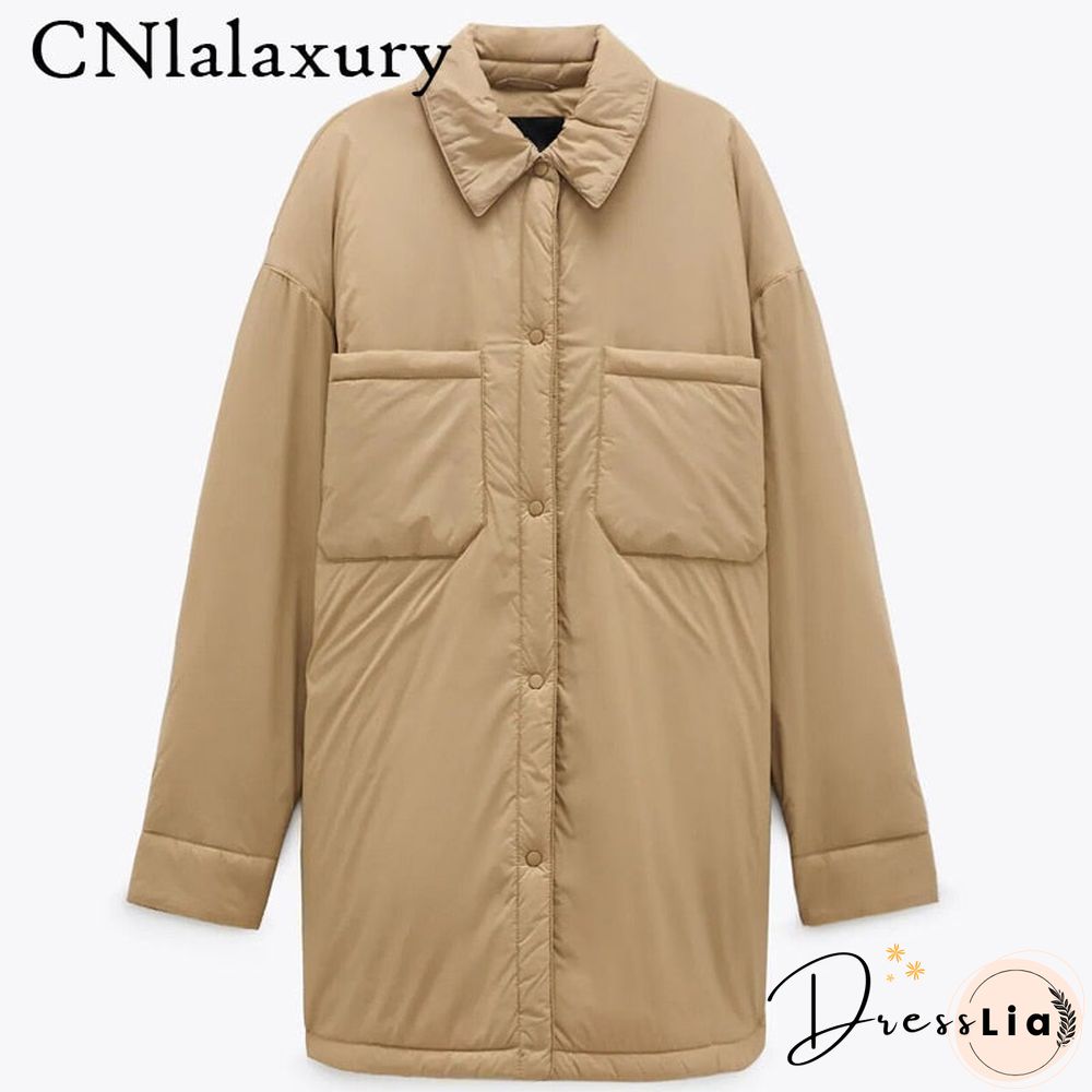 New Autumn Winter Warm Cotton Jacket Coat Women Vintage Khaki Long Outwear Female Oversize Solid Overcoats Loose Parkas Top