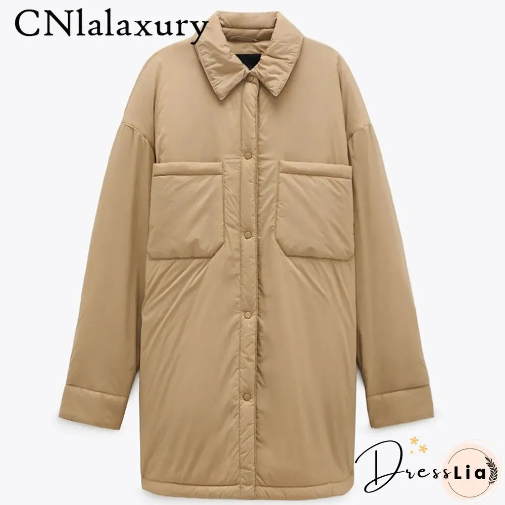 New Autumn Winter Warm Cotton Jacket Coat Women Vintage Khaki Long Outwear Female Oversize Solid Overcoats Loose Parkas Top