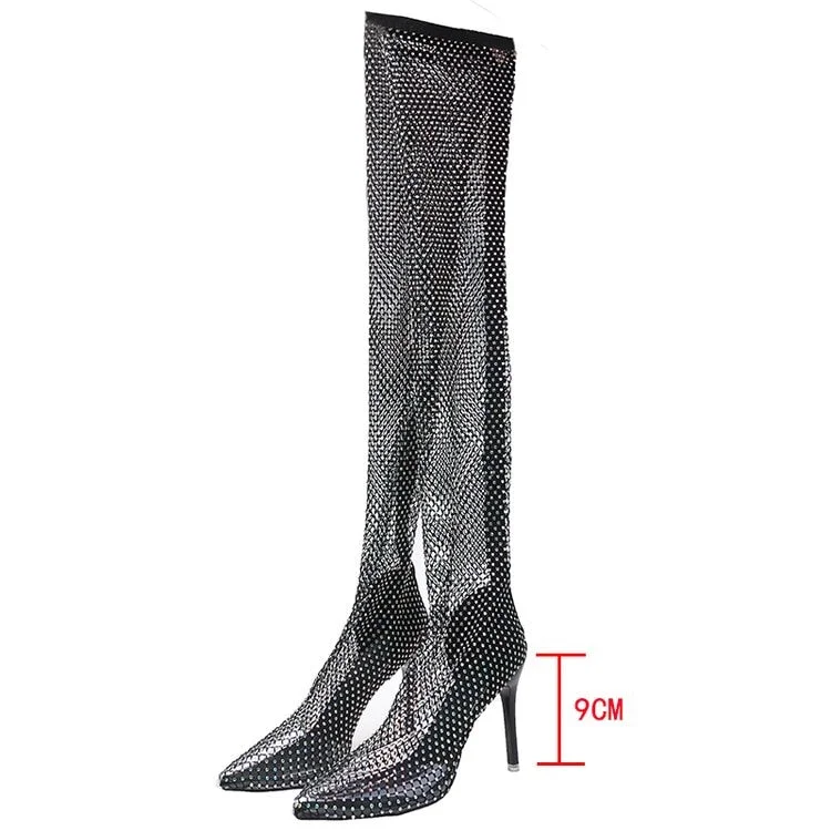 Full Rhinestone Mesh Summer Boots Women Thigh High Over The Knee Sandals Zapatos Transparentes De Mujer