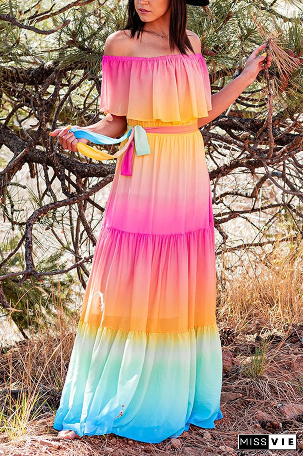 Gradient Off Shoulder Belted Maxi Dress