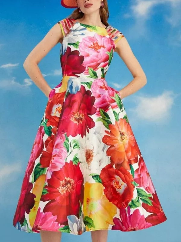 Hollowed-OUT Shoulder With Large Floral Printing And Waist Large Swing Midi Dress