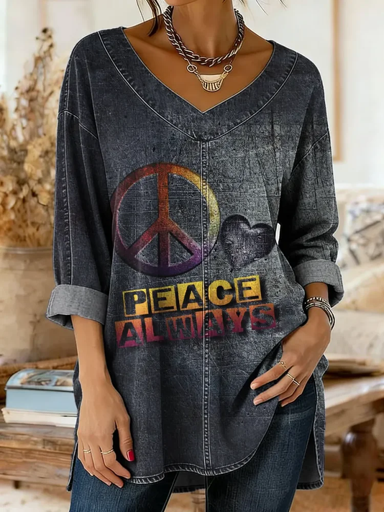 Women's Peace Always Pattern Art Print Casual Washed Denim Cotton Top